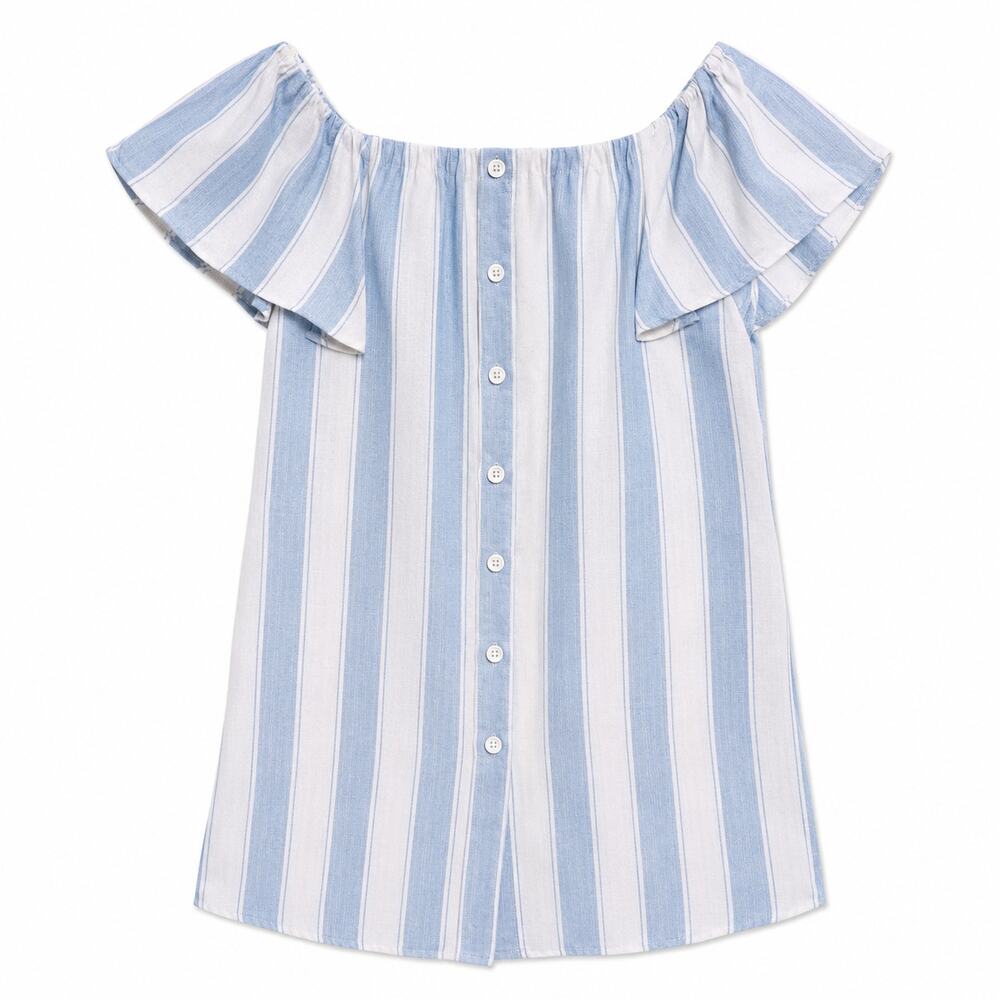 Vestique Womens Small Blue White Striped Off Shoulder Button Front Mini Dress
